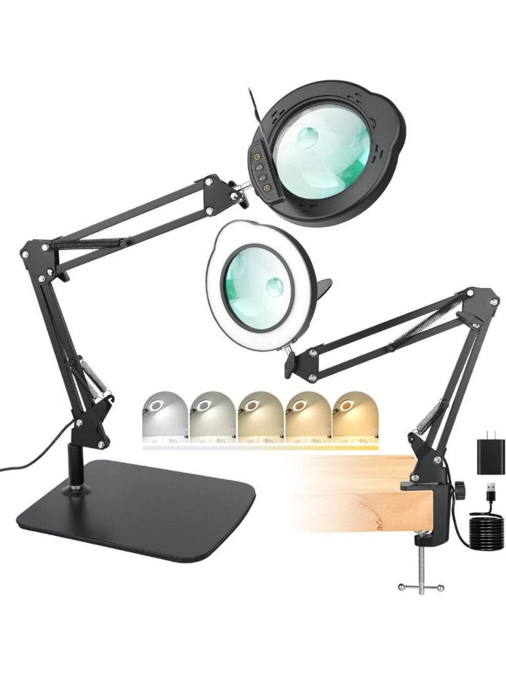 LED Magnifying Glass with Light & Stand - 15X/30X, 5 Color Modes, Dimmable for